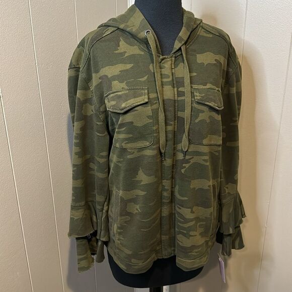sanctuary (Anthropologie) camo hidden zip layered raw edge ruffle sleeve hoodie - Picture 3 of 9